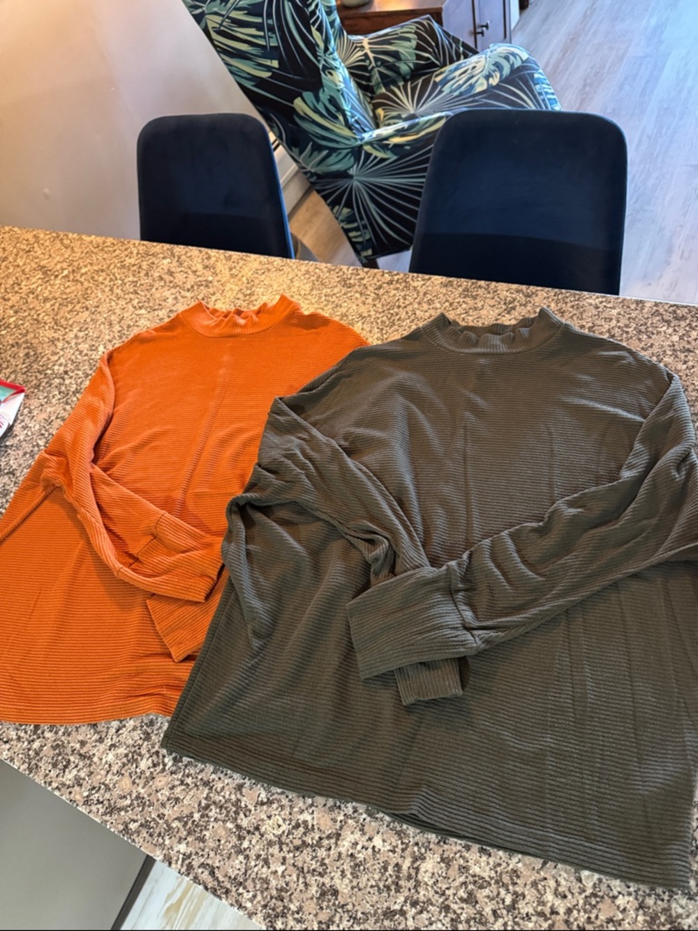 Long Sleeve Ribbed Mock Neck Tops - Orange & Olive